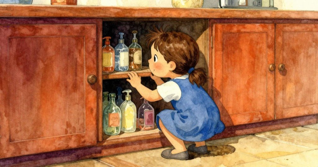 小孩拉開櫃檯下的隱藏門扉，發現排列整齊的小香皂瓶和小物件，表情洋溢著驚喜和好奇。