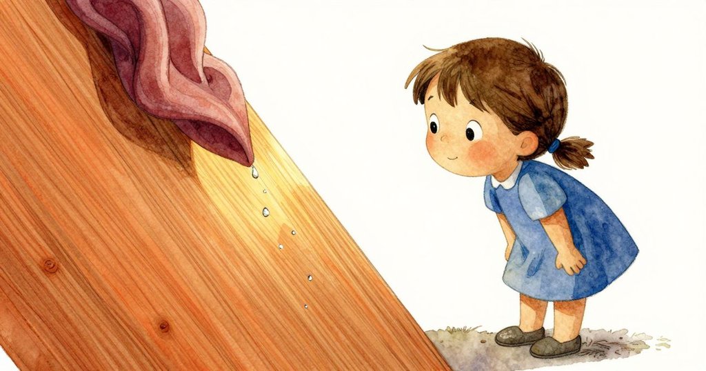 小孩聚精會神看著濕布上滴落的水珠落在舊木板上，臉上流露出期待與一絲緊張。