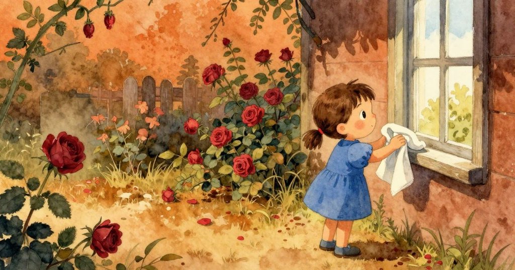 小孩在午後柔和光線中與已乾布重聚，站在窗前欣賞庭院中低垂的紅玫瑰，充滿溫馨與安心。