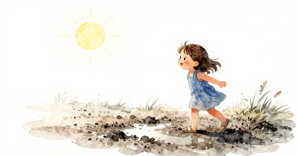 Sara以剪影呈現，正觸摸粗糙木頭，背景明亮展現大水坑，故事開端充滿活力