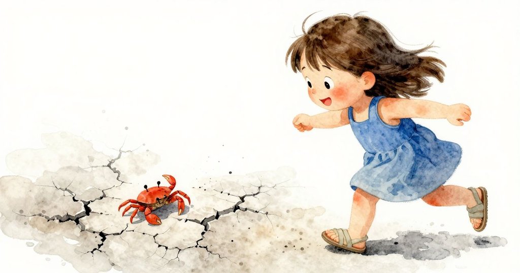 從Sara背後視角看，她正專注觀察一隻小螃蟹在龜裂地上橫移，溫暖光影中故事逐步深入