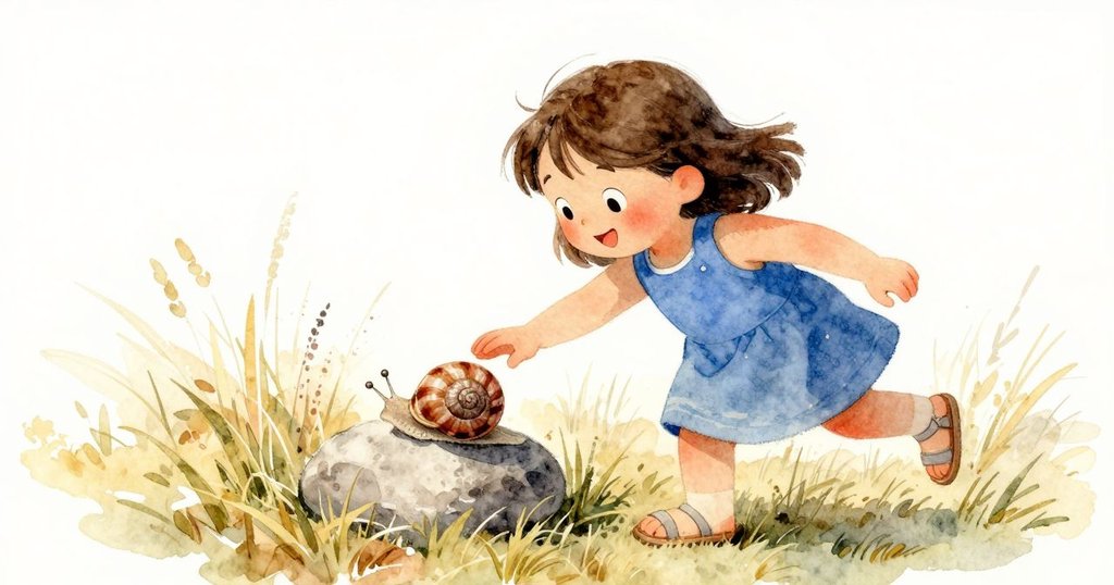 Sara走向戶外草地，輕觸石頭上的蝸牛殼，伴隨甜美氣息，情節轉入探索自然