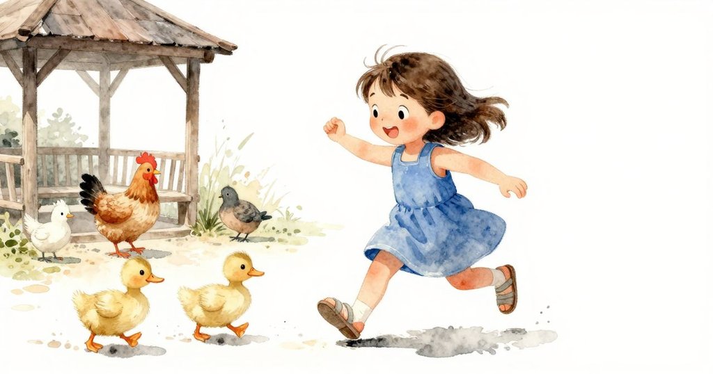 Sara興奮地看著小鴨子進入高草中，雞隻揚起塵土，背景是小亭子與圍欄，情緒達到高潮