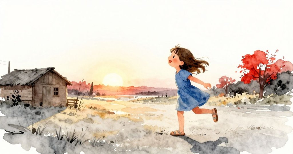 Sara站在黃昏夕陽下，背景呈現龜裂土地與條紋木屋頂，安靜地反思自然變化，故事邁向結局