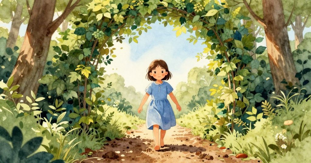 Blythe正走進樹葉編織的拱門，露出濕潤的泥土，小臉展現期待神情，背景是早晨陽光灑落的樹林。