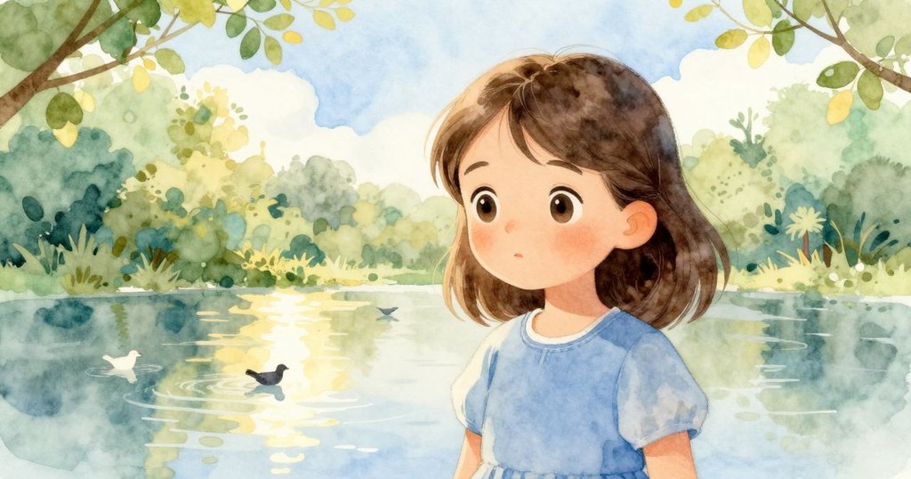 Blythe低語著與鳥兒交談，背景水面如窗映出鳥兒與遠處專注觀察的作家，氛圍寧靜。