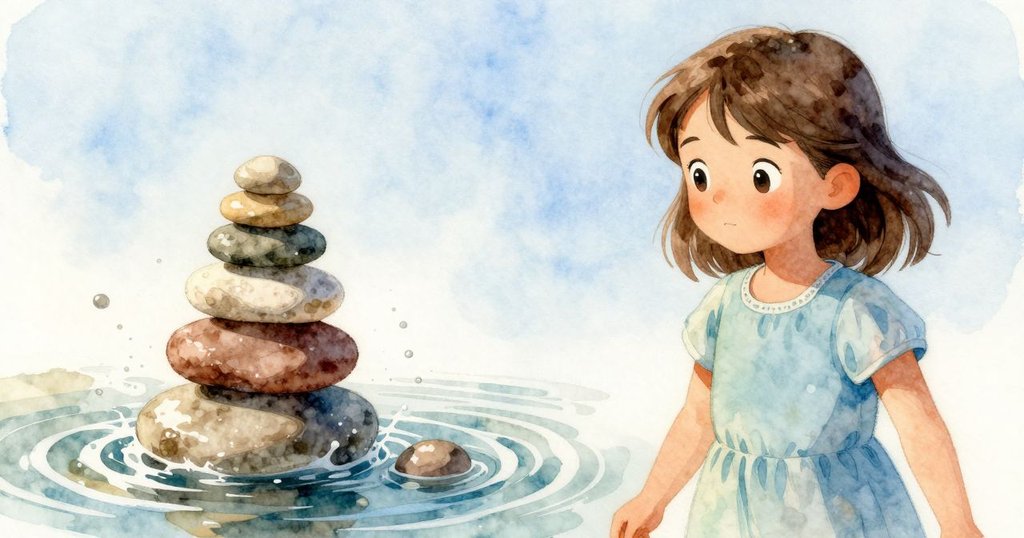 Blythe注視著石塔一塊石子滑落，水花四濺形成圈圈漣漪，她的神情充滿意外與專注。