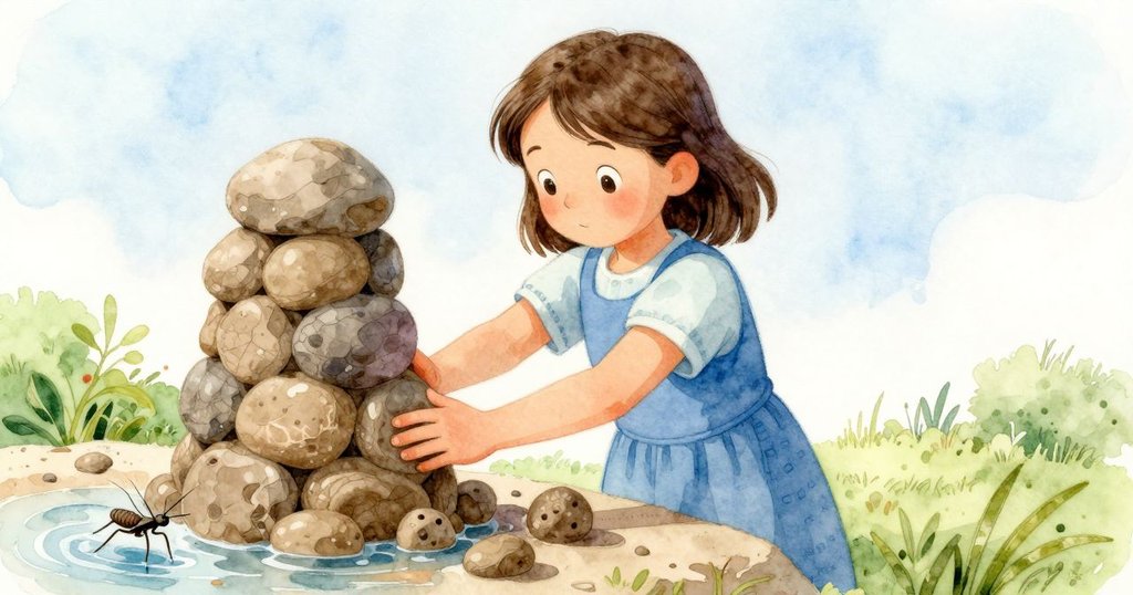 Blythe迅速按壓柔軟的黏土穩定石塔，同時水黽在水面飛快滑過，動態場面令人印象深刻。