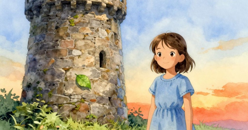 Blythe微笑著後退，穩固的石塔與一片明亮樹葉相伴，寬闊景色中充滿溫暖與宁靜氛圍。