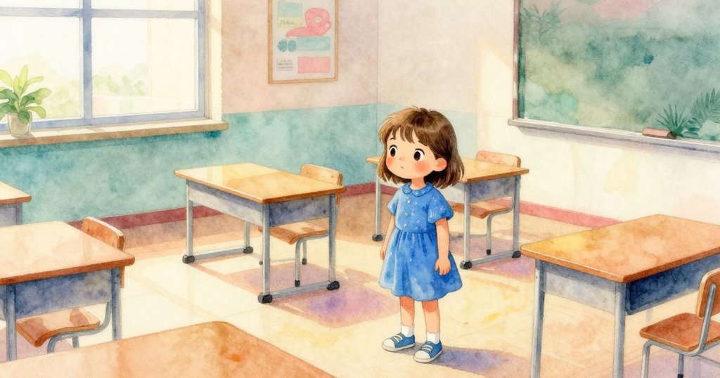 克拉拉在教室裡行走,從鳥瞰角度展現溫暖室內,桌椅、地毯和大窗戶齊現,充滿恬靜氣氛。