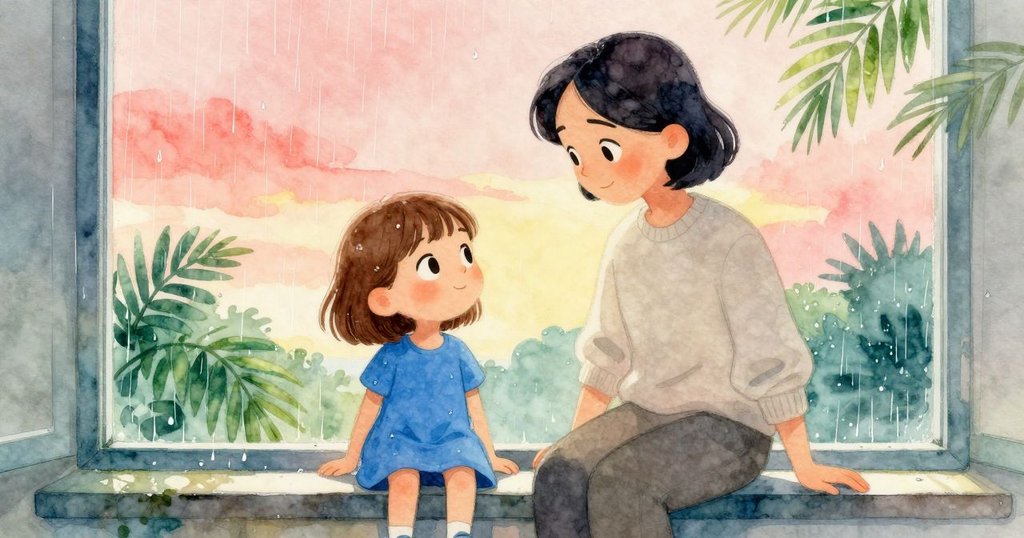 從小生物視角看窗台,細雨滑落形成微小水溝,窗邊孤單黑髮靜置,營造出神秘細膩景象。