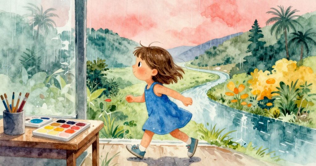 克拉拉急速穿過教室,從潔淨畫桌奔向冰冷窗戶,細雨沖刷出微妙溝壑,動感十足。