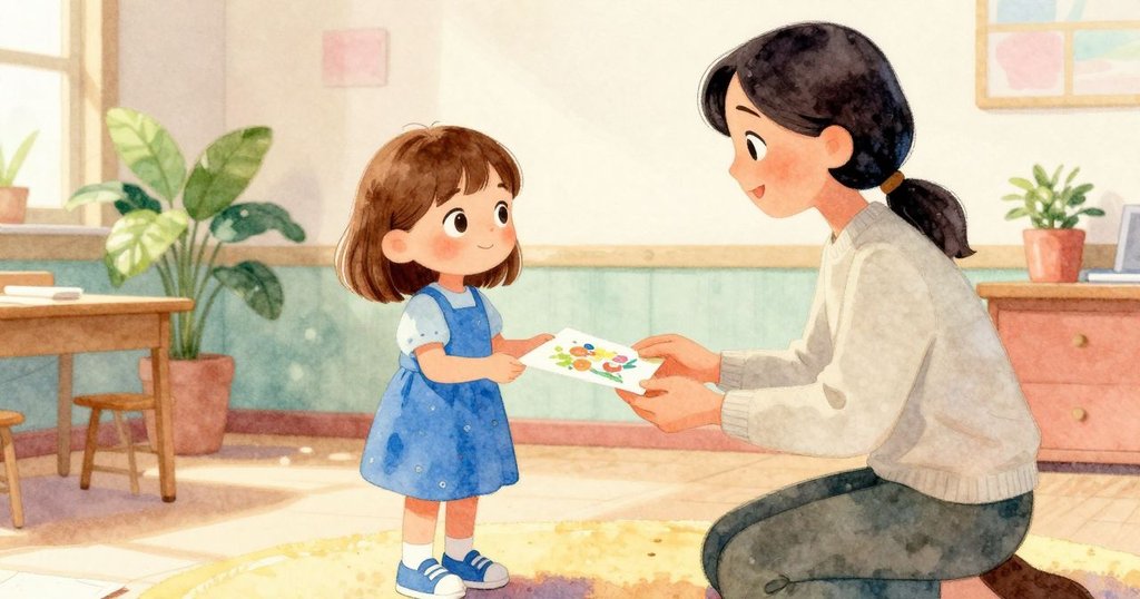 老師親切向克拉拉問好並遞上藝術小品,溫馨教室內洋溢著真摯互動與關愛,令人感動。