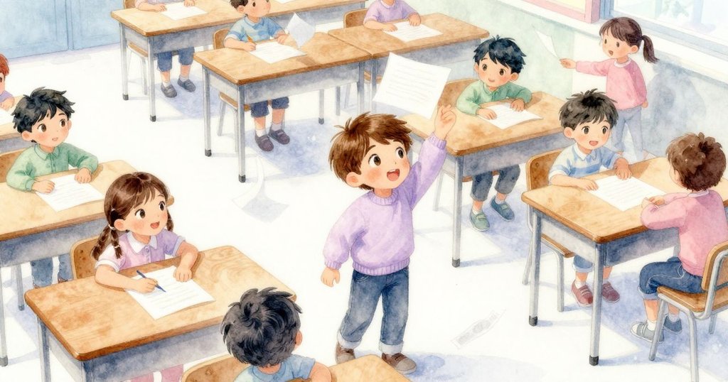 Nolan坐在教室中，鳥瞰視角呈現紙張隨風飛舞，木桌整齊，空間充滿溫暖與好奇氛圍