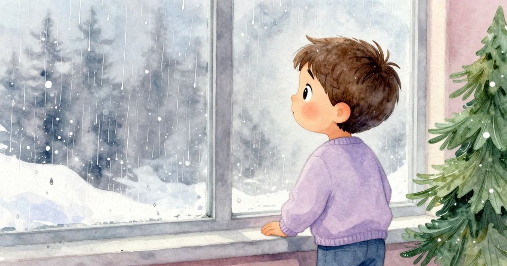 Nolan轉向玻璃窗，從肩後觀看雨滴模糊的窗景，表情充滿驚奇與思索