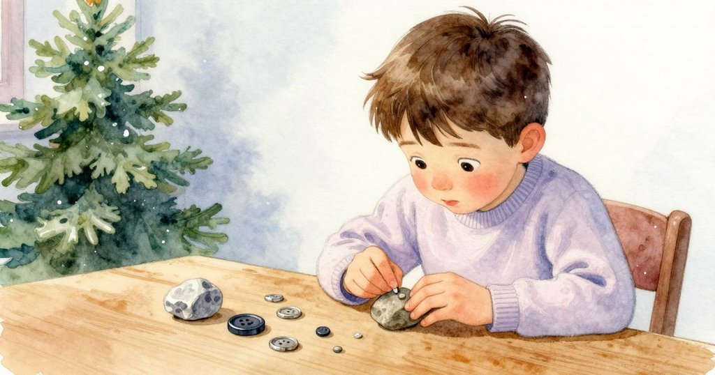 Nolan站在桌前凝神思索，仔細觀察著旋轉鈕扣和小石頭，內心猶豫充滿決斷與靜謐