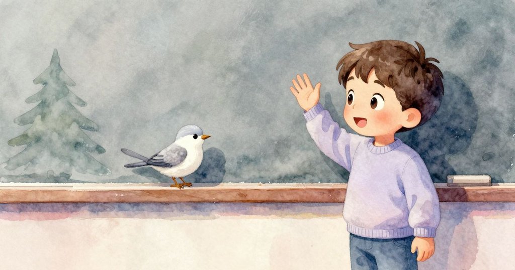 Nolan站於窗前輕揮告別剛降臨的濕鳥，室內灰光映射中流露出溫柔與期盼的情感