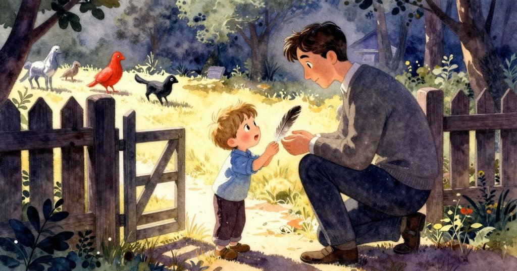 麥格努斯蹲在木門邊,溫暖陽光灑落,他仔細觀察地上的羽毛,旁邊大人與小動物環繞,展現熱鬧戶外情景。