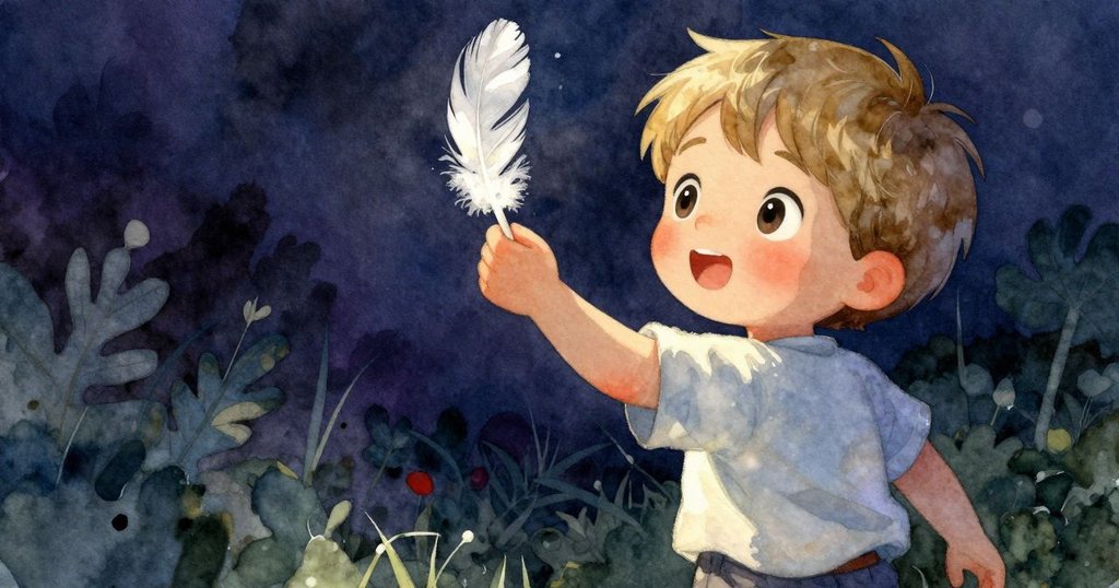 麥格努斯專注舉起潔白羽毛,臉上洋溢著驚奇與好奇,陽光柔和映照他的細緻神情。