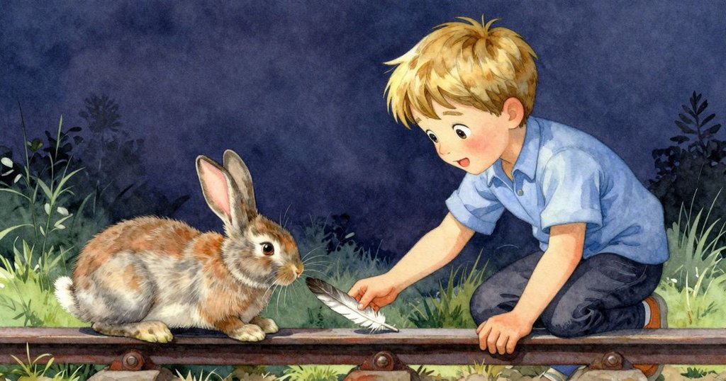 畫面左右分割,一邊麥格努斯正小心地將羽毛放在欄杆上,另一邊兔子用輕巧的腳推動欄杆,展現出一絲調皮氣息。