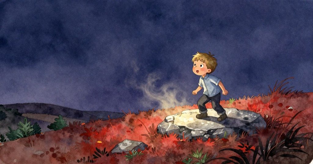 麥格努斯走向山丘下的平石,溫暖陽光與輕風驅動著浮塵,營造出充滿季節氣息的寧靜自然景象。