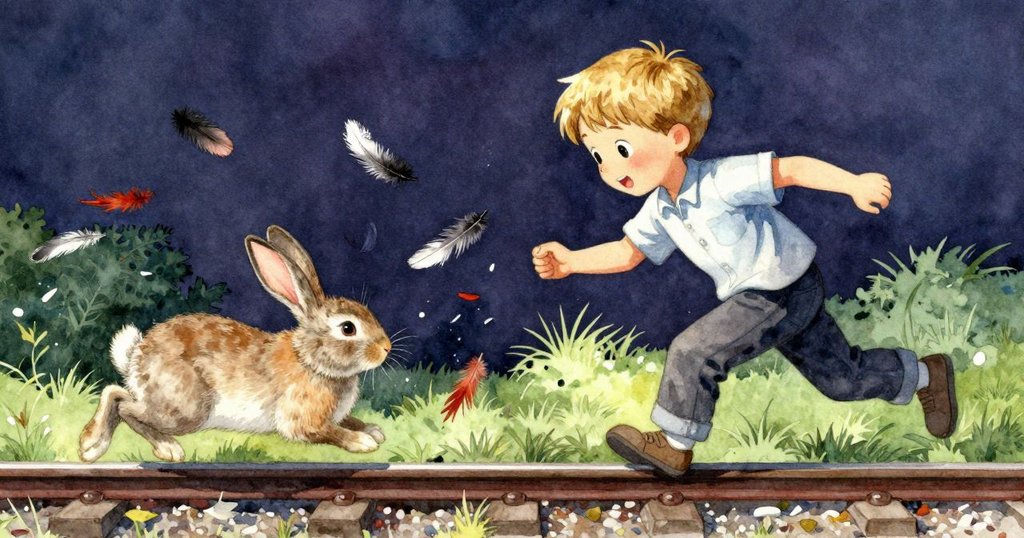 兔子活躍的一跳使欄杆上的羽毛四散飄落,麥格努斯迅速上前捕捉飄散羽毛,充滿緊張與活力的動作場面。