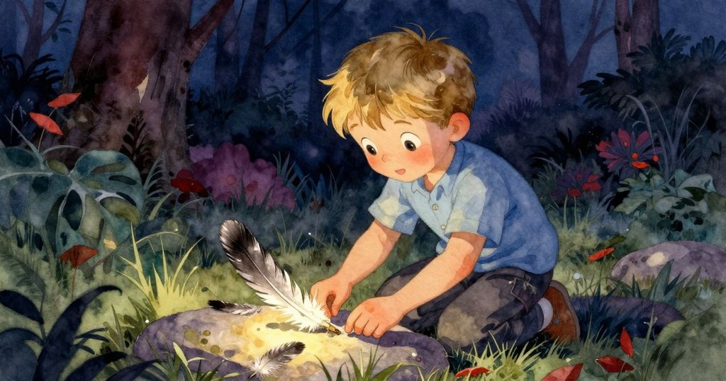 麥格努斯在平石上仔細排列著撿來的羽毛,每根羽毛閃爍著希望與寧靜,整個畫面散發著柔和的象徵意義。