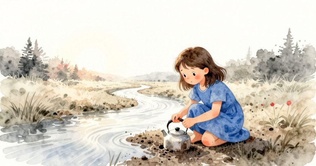小女孩Dina在晨曦中跪於溪邊,泥中隱藏銀色水壺,陽光灑落,展現開啟冒險的情境
