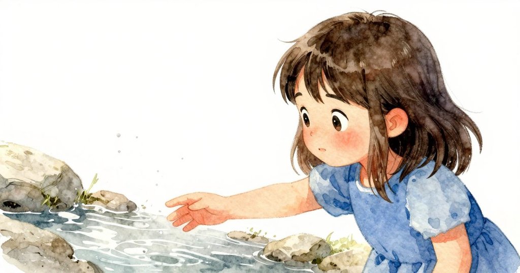 小女孩Dina伸手接觸銀色水壺,眼神專注好奇,晨光下充滿期待與活力