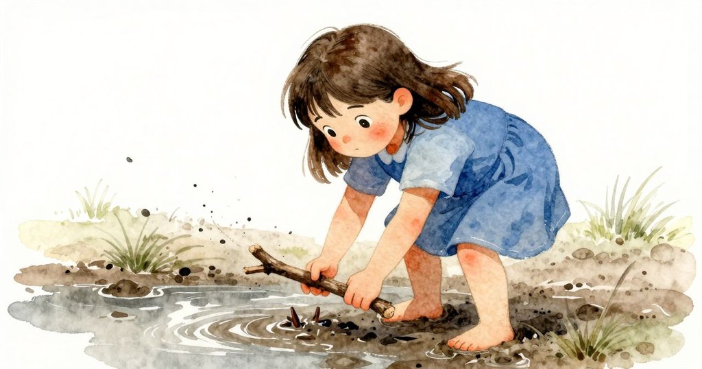 低角度視角下,Dina彎腰拾起細叉枝,堅定地望向遠處泥濘中隱約的銀色水壺,情緒充滿決心