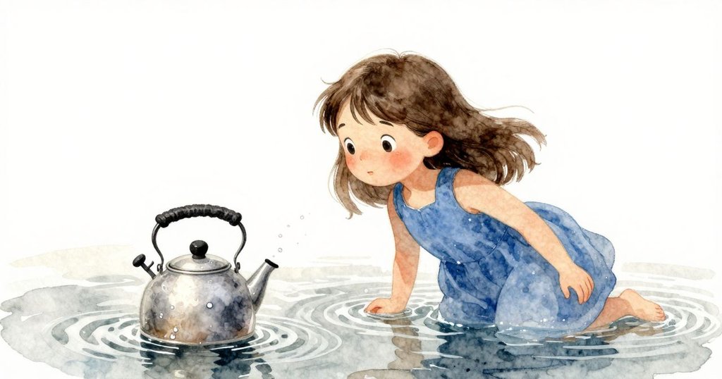 透過水面細膩描繪銀色水壺上閃爍的水滴,泥漿松動中,溪流微波翩翩,情境顯得寧靜