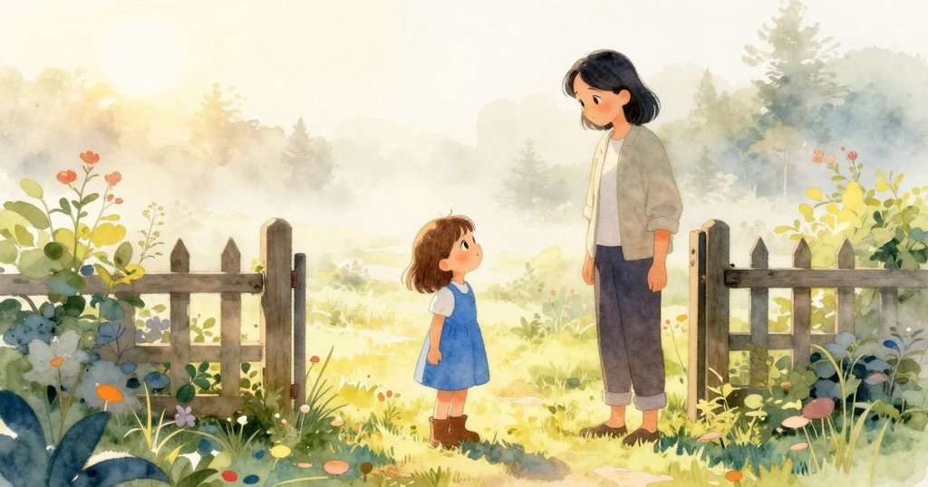 弗雷婭站在晨霧中門旁，成人陪伴，陽光透過薄霧灑落，展現新一天探索的開始與好奇心