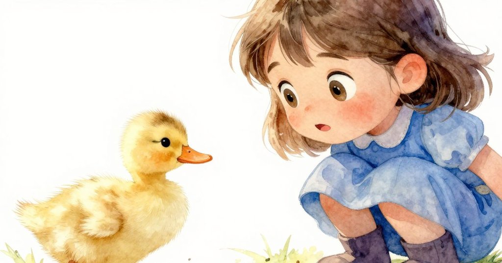 弗雷婭仰望著正在蹣跚走動的小鴨，臉上充滿驚奇與好奇，細膩情感在晨光中展露無遺