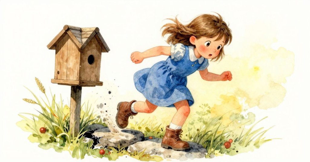 弗雷婭踏上鋪石小徑，穿越木製鳥巢箱旁閃爍的青草，動態視角展現她朝向小鴨探索的堅定步伐