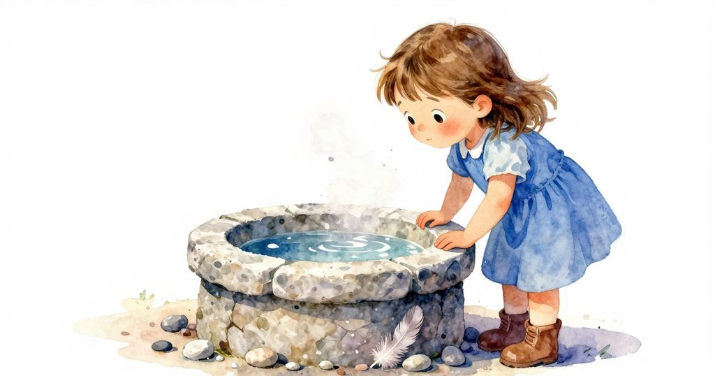 弗雷婭靠近石槽細聞甜美早餐蛋糕香氣，身邊閃亮鵝卵石與柔軟羽毛在溫柔光線中營造神秘感