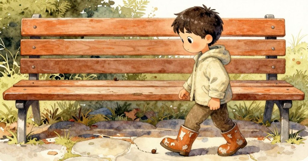 Drake 穿著靴子步行經過老舊長椅，細心察看石上蜿蜒的蝸牛痕跡與脫落油漆，充滿探索精神與好奇心