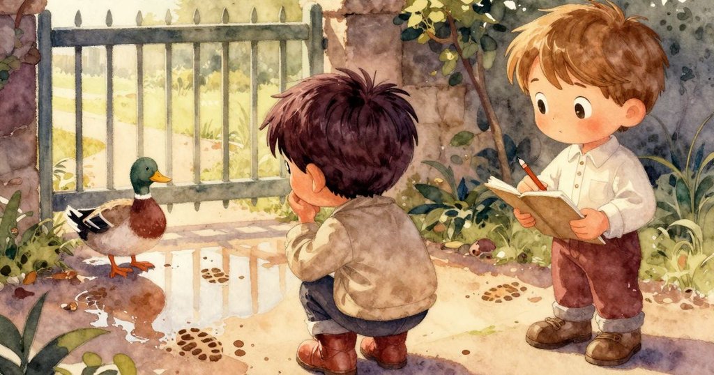 Drake 站在花園門口，凝視著濕潤地面上泥鞋印在水潭中的倒影，遠處藝術家安靜素描湖景，心中充滿沉思