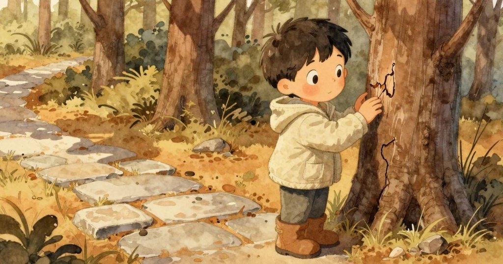 Drake 緩步回望，仔細察看石上細微的刻痕與剝落樹皮，感受時間變化與大自然溫柔流逝的印記