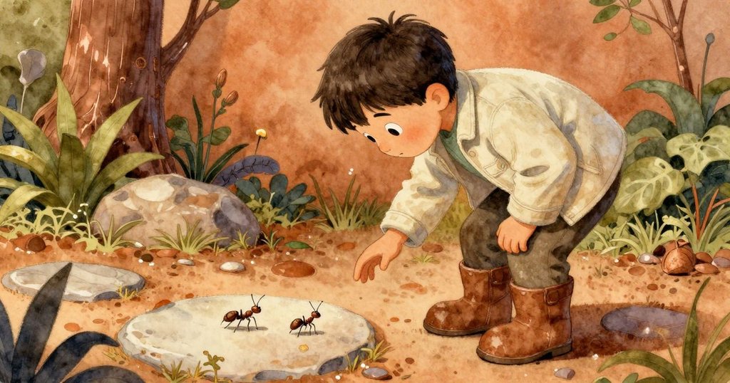 Drake 低頭與忙碌小螞蟻溫柔互動，臉上展露出好奇與關愛，近景捕捉螞蟻細小動作，情節充滿細膩情感