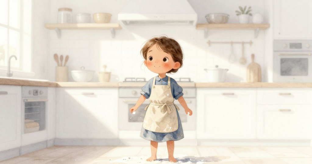 Roslyn在明亮廚房中，矮小身影伸手觸碰桌上撒粉，表情充滿好奇與驚喜
