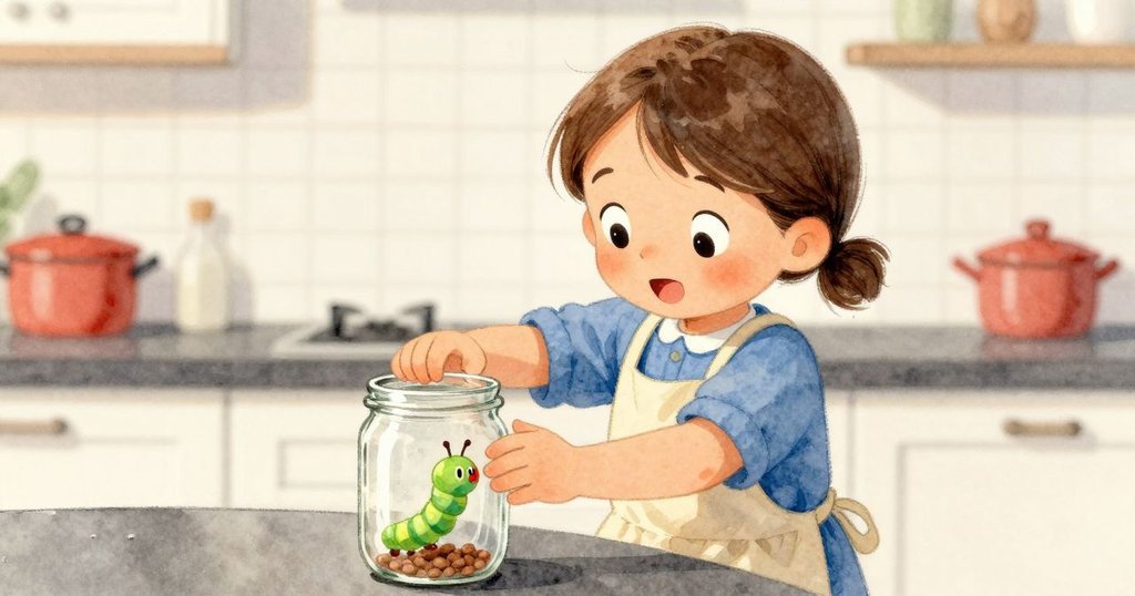 Roslyn輕輕敲擊玻璃罐，罐蓋上的小塑料毛毛蟲正在蠕動，廚房明亮細緻