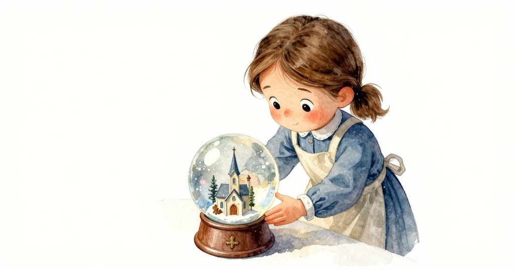 從高角度俯視，Roslyn彎身輕推雪花球，內裡小教堂與樹木閃爍微光，充滿神秘感
