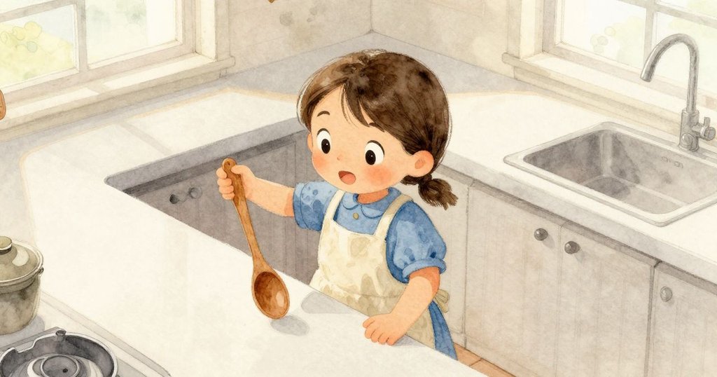 從高處俯視整個廚房工作台，木勺輕顫，窗外傳來輕微狗吠聲，光影間透露著溫馨家庭氣息