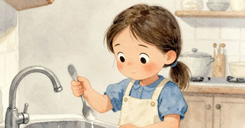 Roslyn在廚房水槽前靜靜凝望滴水，面帶平和與沉思，整體氛圍安詳温柔