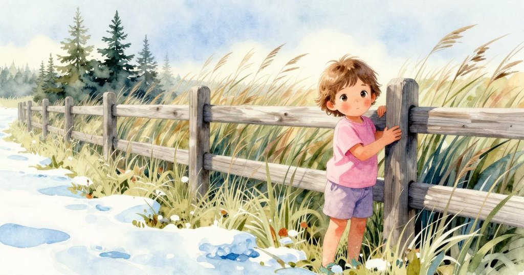 Hugo站在老舊柵欄前，好奇地探頭望向戶外青草搖曳，早晨溫暖陽光灑落，展現探索氣氛