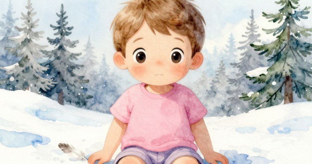 Hugo的臉部特寫展現專注眼神，一根羽毛輕輕落在肩膀上，帶出神秘且溫柔的氛圍