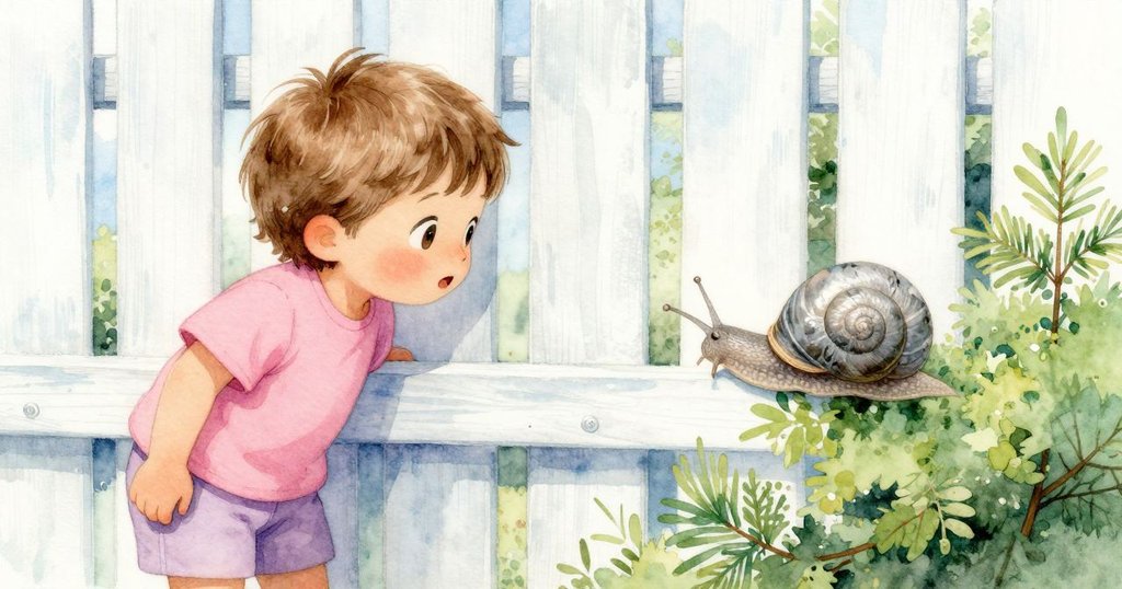 透過柵欄縫隙，Hugo專注觀察從矮灌木中緩慢爬出的蝸牛，畫面溫柔且充滿發現驚喜