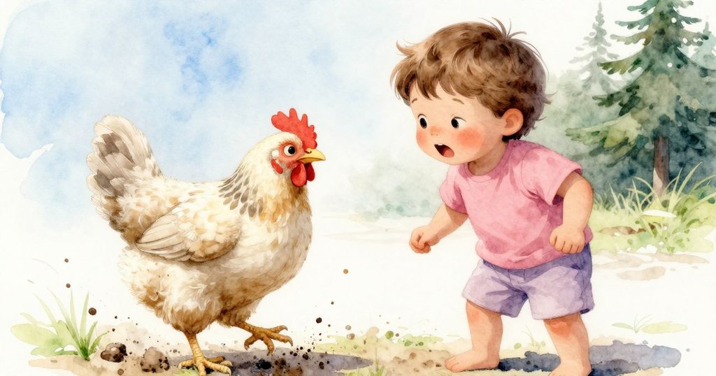 一隻活潑的雞踢起泥土，散落一粒細沙落在Hugo鼻尖，他略微眨眼，現出驚訝表情，氛圍輕快