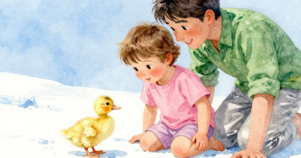 隨著大人的聲音指引，Hugo發現一隻黃色小鴨慢步出現，他微仰下巴，袖上的紅醬痕跡更顯醒目