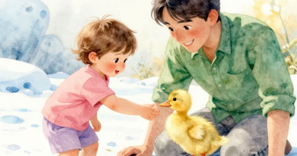 在溫暖午後光線中，Hugo輕伸手接近小鴨，大人在後微笑，共同營造出信任與奇妙交流的平靜結局